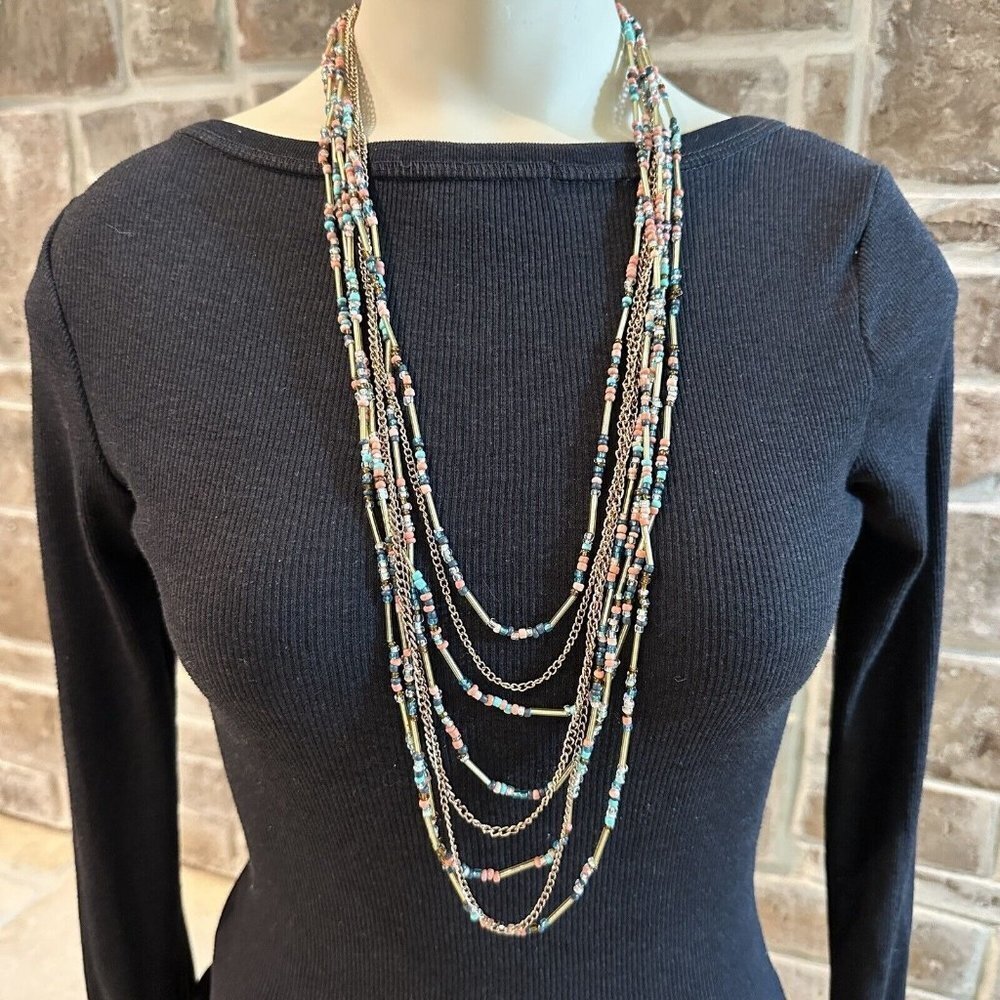 Artisan Bead Chain Tiered Necklace 8 Strands 34 Inch Multicolor Hippie Boho